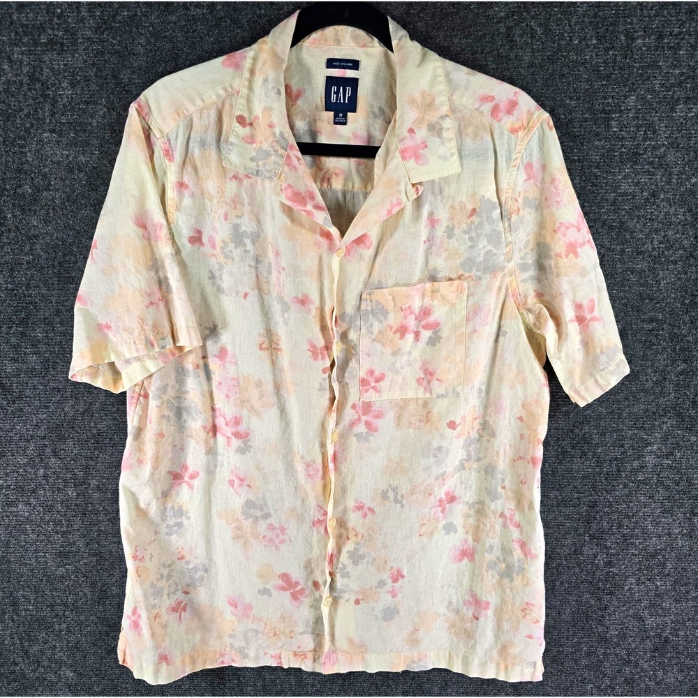 Gap Mens M Floral Linen Short Sleeve Spread Collar Button-Up Shirt Cream Pink